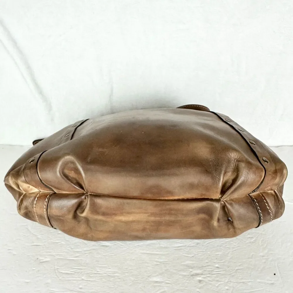 Patricia Nash Leather Hobo Bag Brass Turn Lock Studded Distressed Leather